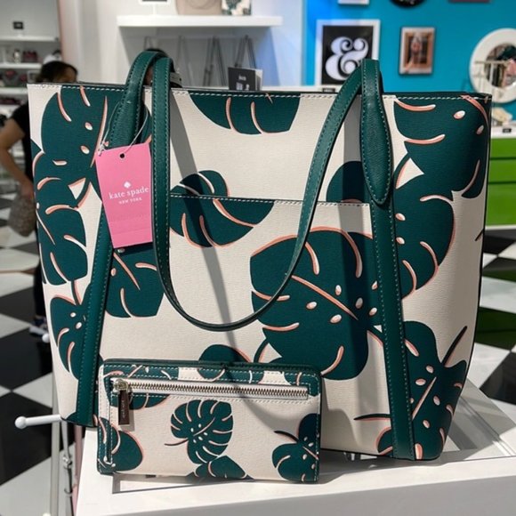 Kate Spade Cara Large Tote Monstera Leaves & Large Slim Bifold Wallet Cream Mult - Picture 8 of 16
